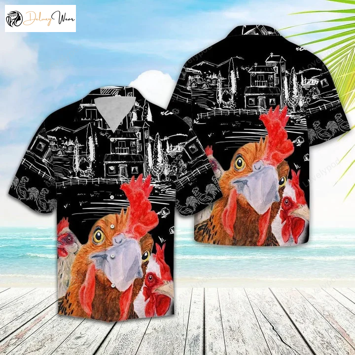Vibrant Rooster Hawaiian Shirt Gift for Men Dad Father: Sketch Countryside Delight