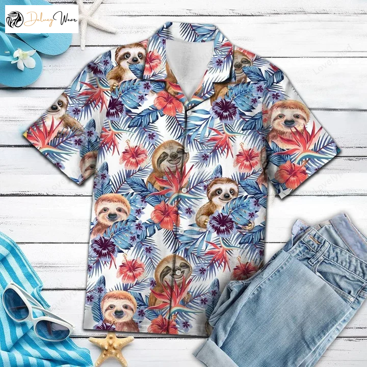 Hawaiian Sloth Shirt: Paradise Flowers & Hibiscus Print – Tropical Fashion for Men Women