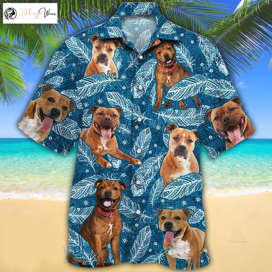Stylish Blue Feather Hawaiian Shirt Gift for Men Dad Father for Staffordshire Bull Terrier Dog Lovers