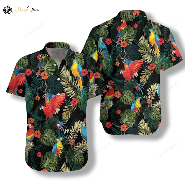 Summer Is Calling: Parrots Dark Tropical Pattern Hawaiian Shirt Gift for Men Dad Father for Men and Women