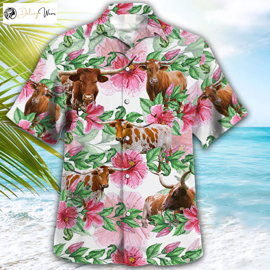 Texas Longhorn Cow Hawaiian Shirt Gift for Men Dad Father – Farmer & Tropical Gift for Him Funny Shirts