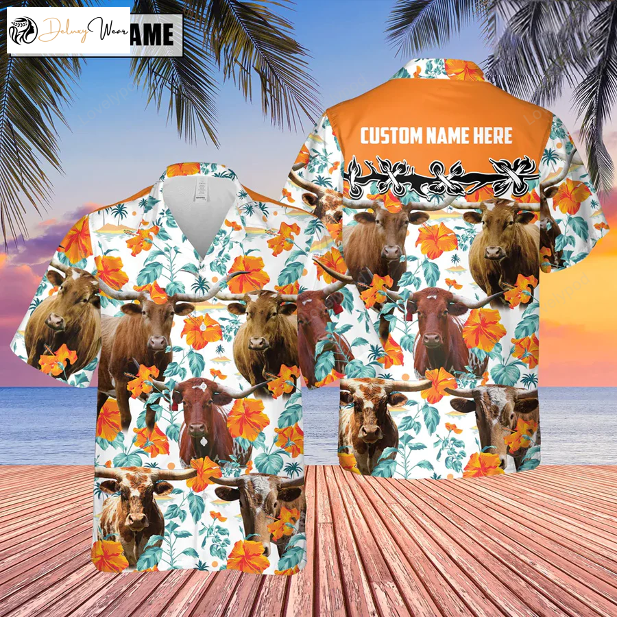 Custom Name 3D Hawaiian Shirt Gift for Men Dad Father: Texas Longhorn Hibiscus Floral – Summer Gifts for Men & Women