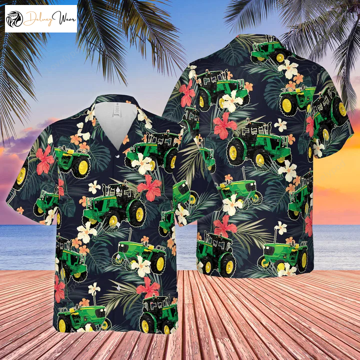 Stylish Tractors Tropical Plants Dark Blue Hawaiian Shirt Gift for Men Dad Father – All Over Printed 3D Design