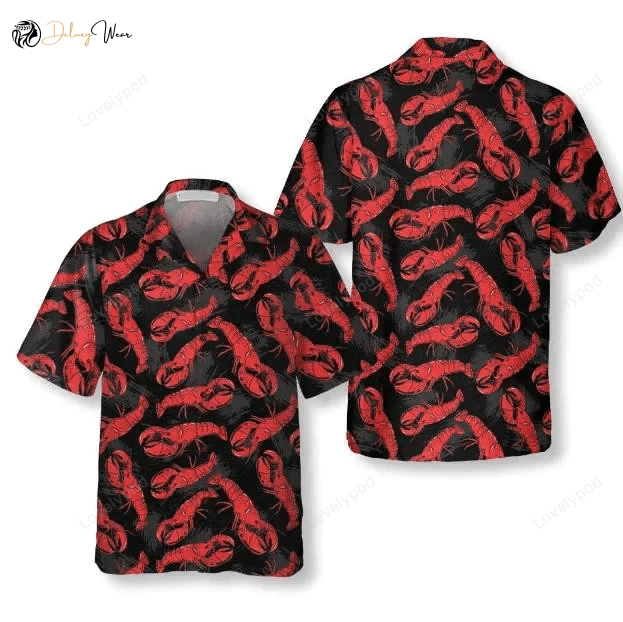 Hand Drawn Tropical Lobster Hawaiian Shirt Gift for Men Dad Father – Black Theme Design