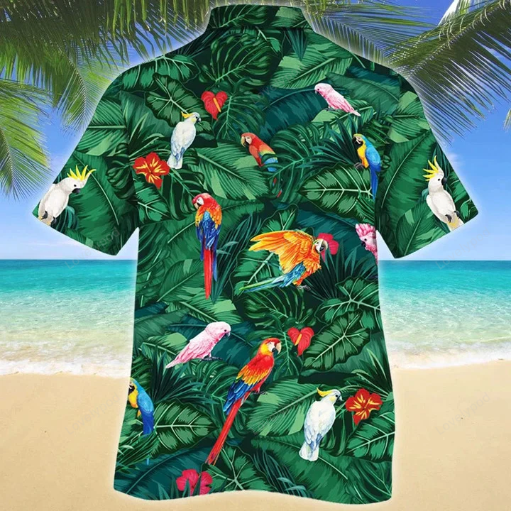 Tropical Parrots Dark Green Hawaiian Shirt Gift for Men Dad Father – Summer Aloha Hawaii Shirt for Men & Women