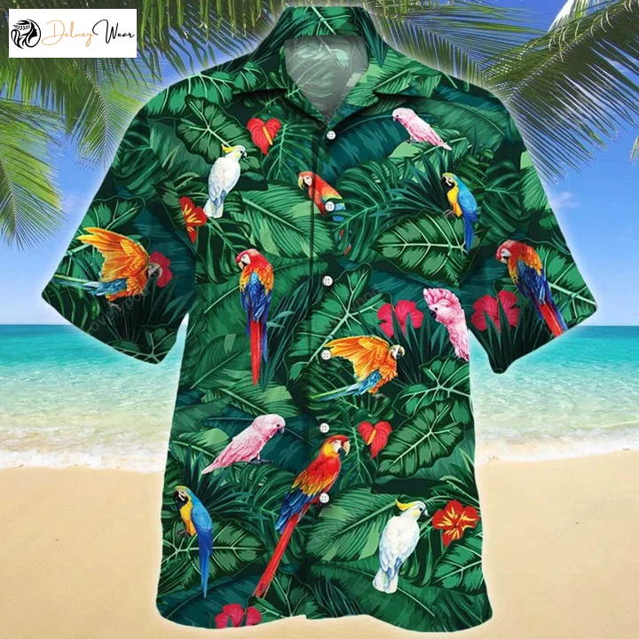 Tropical Parrots Dark Green Hawaiian Shirt Gift for Men Dad Father – Summer Aloha Hawaii Shirt for Men & Women