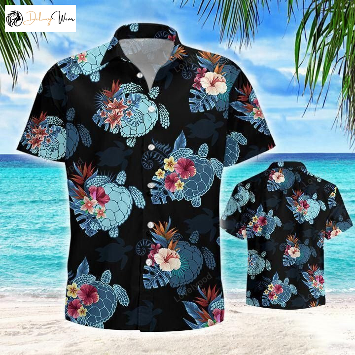 Exude Island Vibes with Turtle Flower Tropical Dark Theme Hawaiian Shirt Gift for Men Dad Father