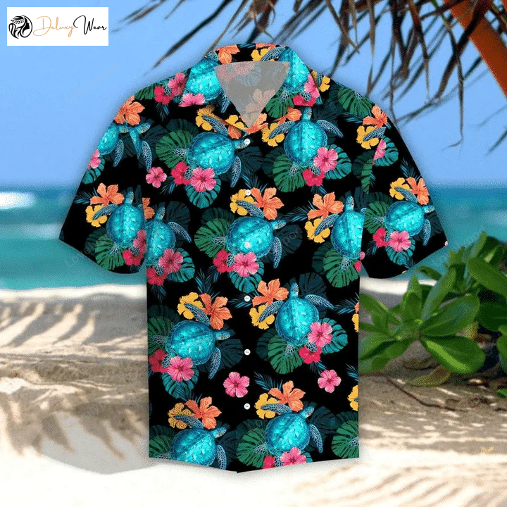 Turtles Glow Hibiscus Hawaiian Shirt Gift for Men Dad Father – Black Theme Short Sleeve Aloha Shirt for Men & Women