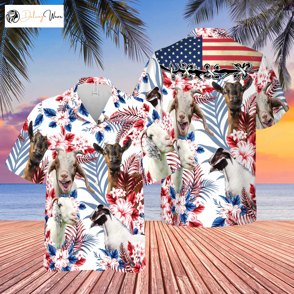 Goat Lovers Hawaiian Shirt Gift for Men Dad Father: United States Flag & Farm Cow Design – Men and Women