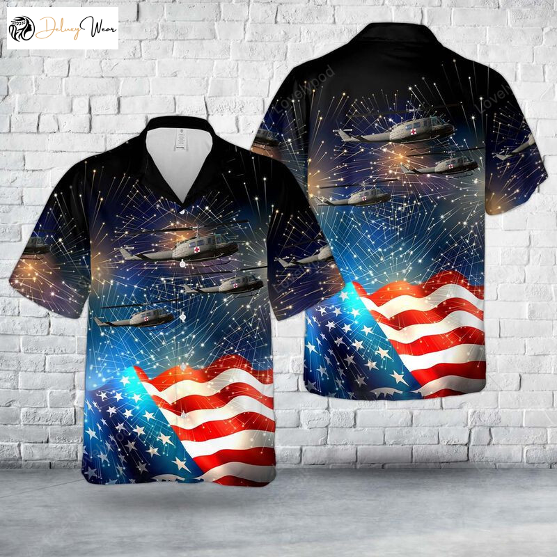 4th of July Hawaiian Shirt Gift for Men Dad Father: US Army Bell UH-1V Iroquois 205 – Patriotic Military Style