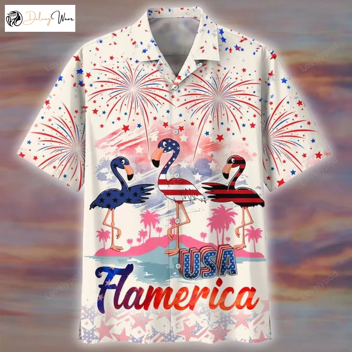Flamerica Hawaiian Shirt Gift for Men Dad Father: 4th of Jul Summer Flamingo Aloha Beach Shirt for Men & Women – Unisex Hawaiian Shirt Gift for Men Dad Father