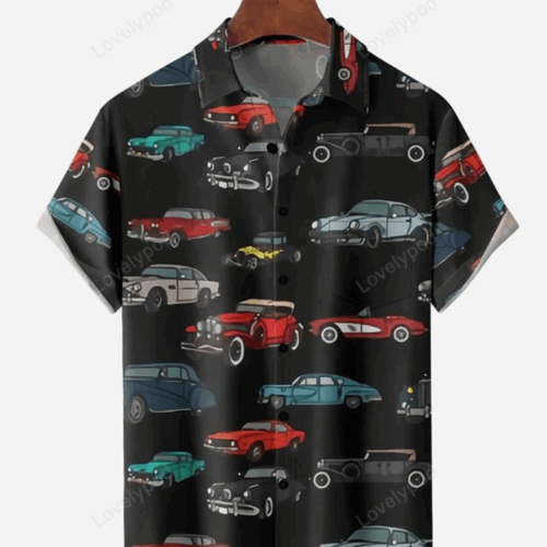 Retro Style Men s Hawaiian Shirt Gift for Men Dad Fathers with Vintage Car Print – Trendy Chest Pocket Designs