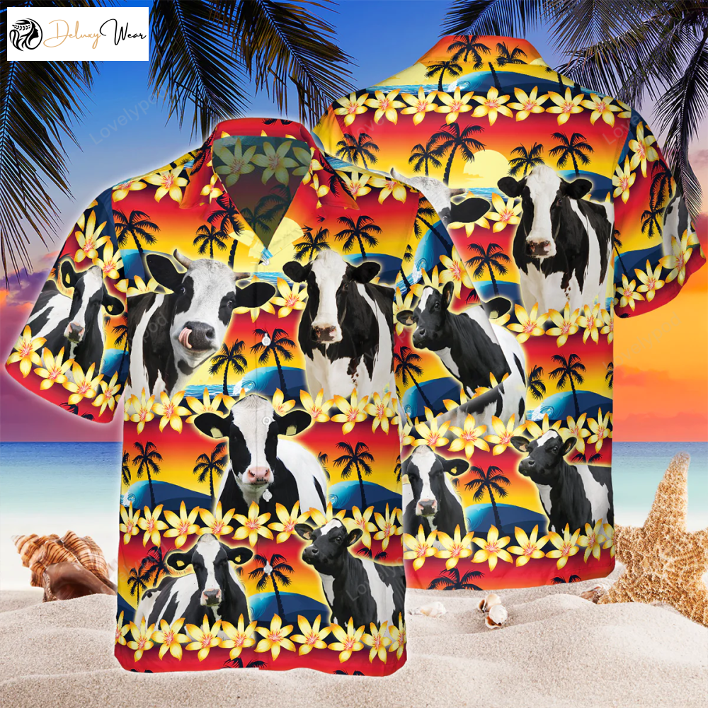 Vintage Holstein Tropical Sunset Hibiscus & Palm Tree Hawaiian Shirt Gift for Men Dad Father – Stylish & Authentic