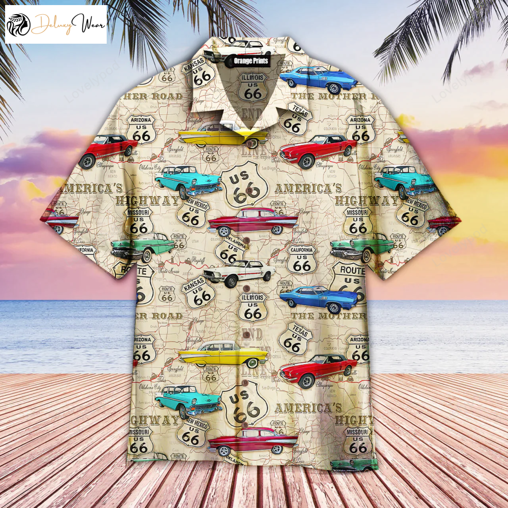 Vintage Muscle Car Aloha Hawaiian Shirt Gift for Men Dad Fathers: Route 66 Men & Women