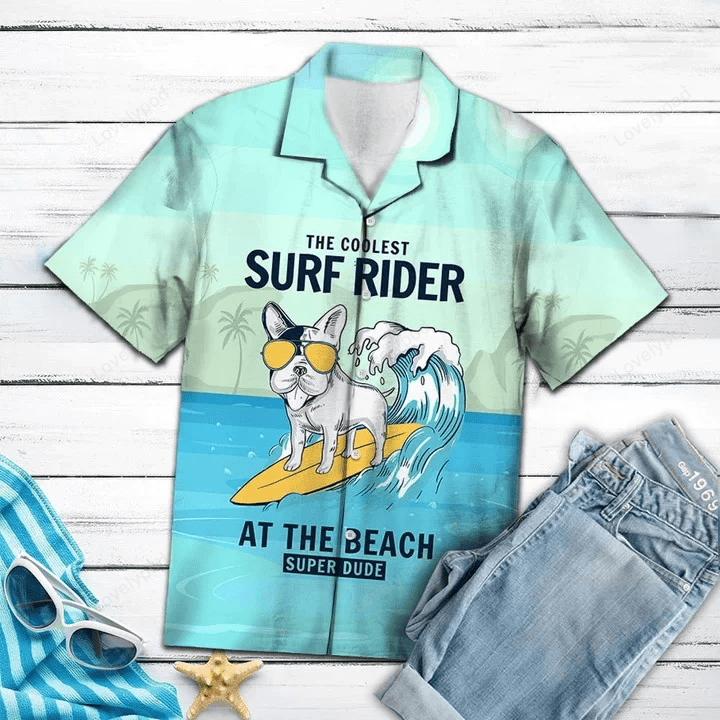 Coolest Surf Rider Hawaiian Shirt Gift for Men Dad Father with Yellow Glasses Dog Art Pattern