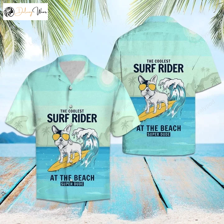 Coolest Surf Rider Hawaiian Shirt Gift for Men Dad Father with Yellow Glasses Dog Art Pattern