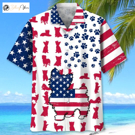 Yorkie USA Flag All Printed 3D Hawaiian Shirt Gift for Men Dad Father: Patriotic Pet Apparel