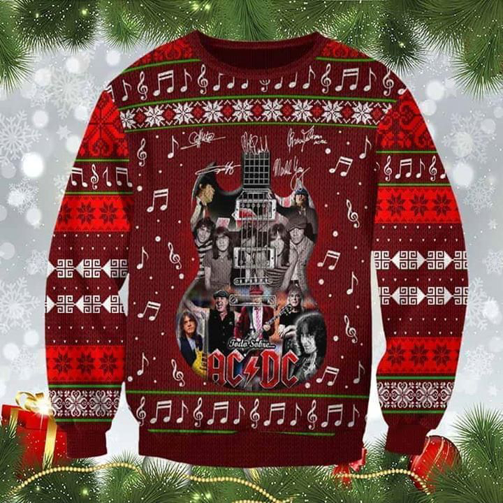 Rock Your Ugly Christmas Sweater with ACDC Signatures Guitar All Over Print Sweatshirt