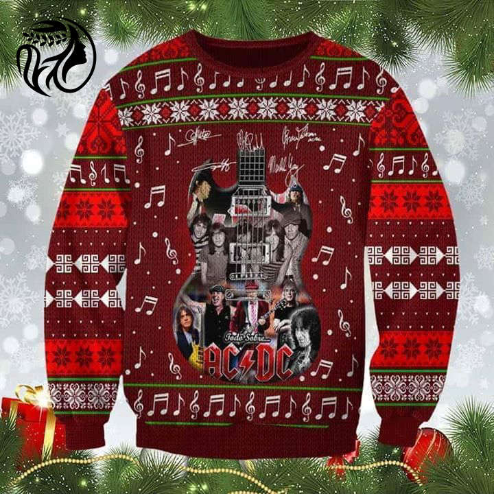 Rock Your Ugly Christmas Sweater with ACDC Signatures Guitar All Over Print Sweatshirt