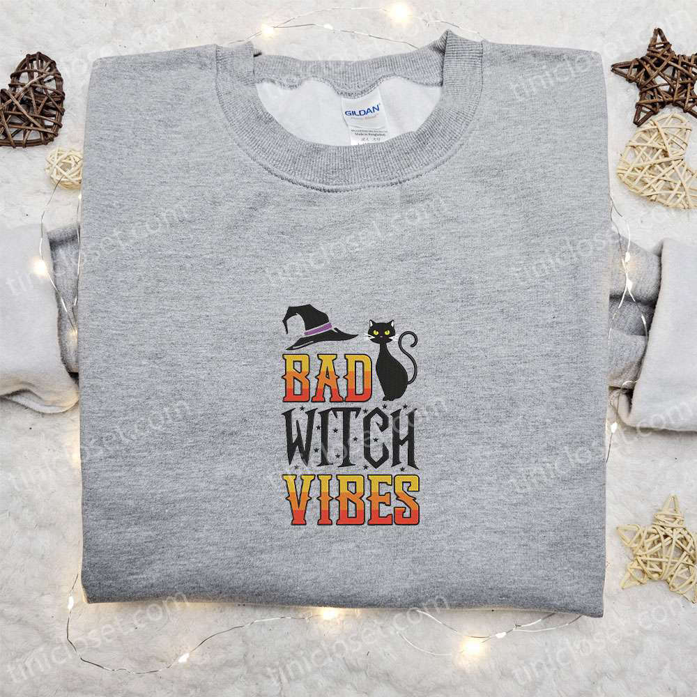 Spooky Black Cat Witch Vibes: Halloween Embroidered Sweatshirt & Shirt – Perfect Family Gifts