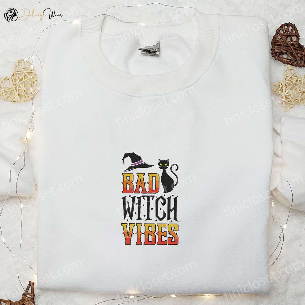 Spooky Black Cat Witch Vibes: Halloween Embroidered Sweatshirt & Shirt – Perfect Family Gifts