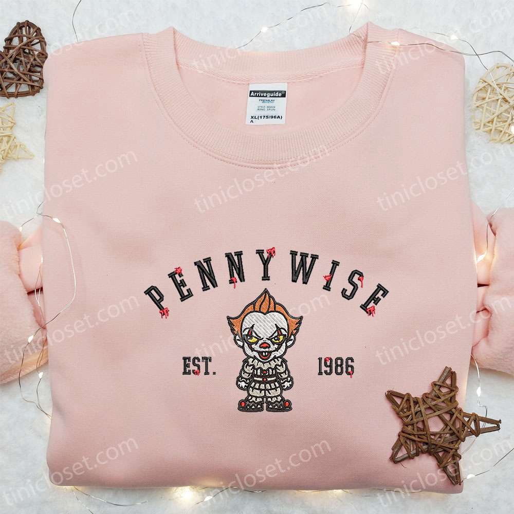 Pennywise Est 1986: Chibi Embroidered Shirt Spooky Halloween Hoodie & Funny Shirt
