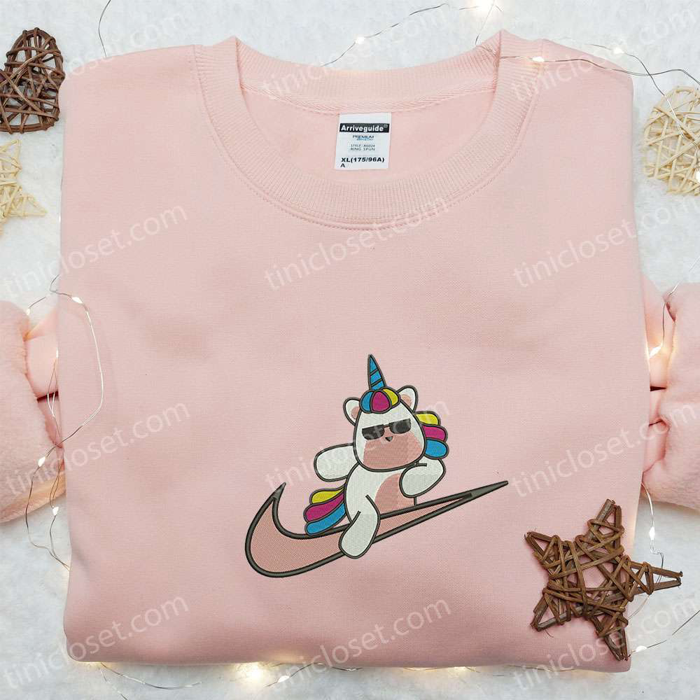 Cute Unicorn x Swoosh Cartoon Embroidered Hoodie: Nike Inspired Shirt Perfect Family Gift