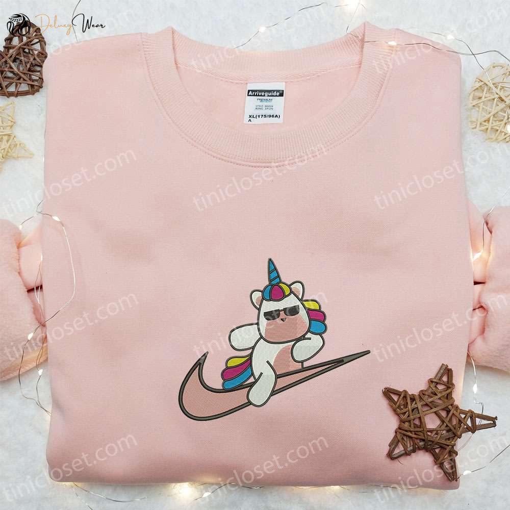Cute Unicorn x Swoosh Cartoon Embroidered Hoodie: Nike Inspired Shirt Perfect Family Gift