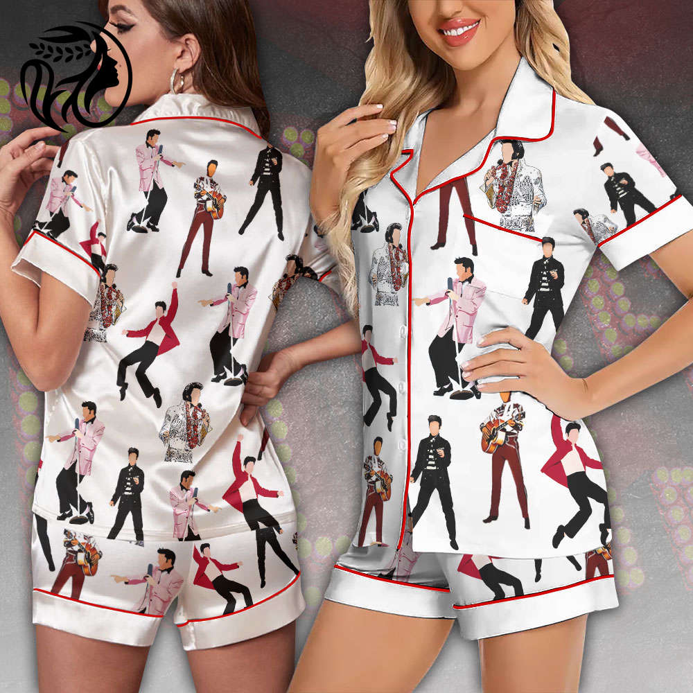 Elvis Presley Imitation Silk Pajama Set With Short Sleeve – Gift for Women – Christmas Gift