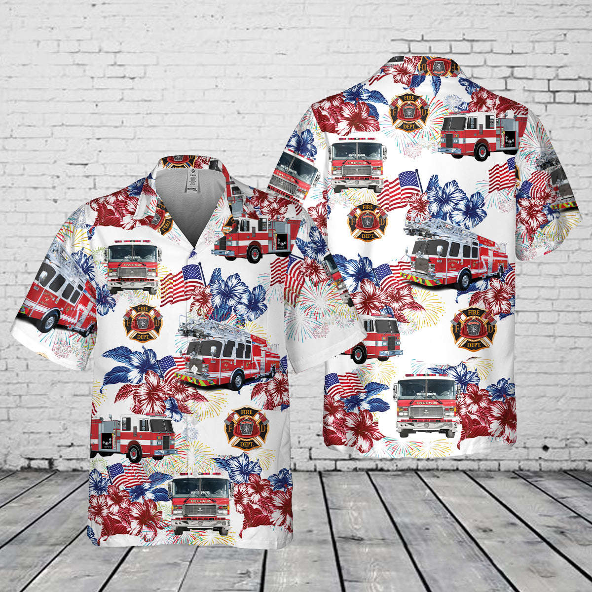 Firefighter Fire Truck, 4th Of July Pocket Hawaiian Shirt Gift for Men Dad Father Gift for Men Dad Father