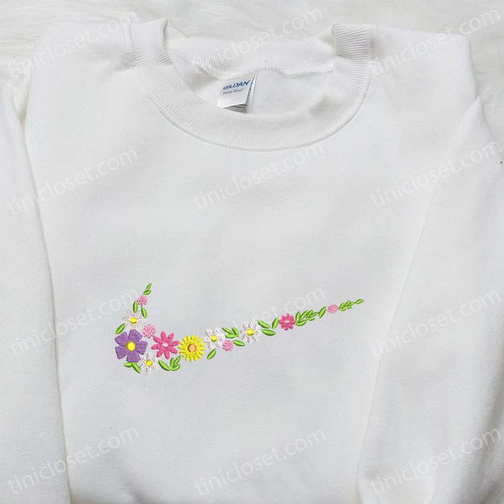 Nike inspired Flowers x Swoosh Embroidered Shirt: Perfect Family Gift!