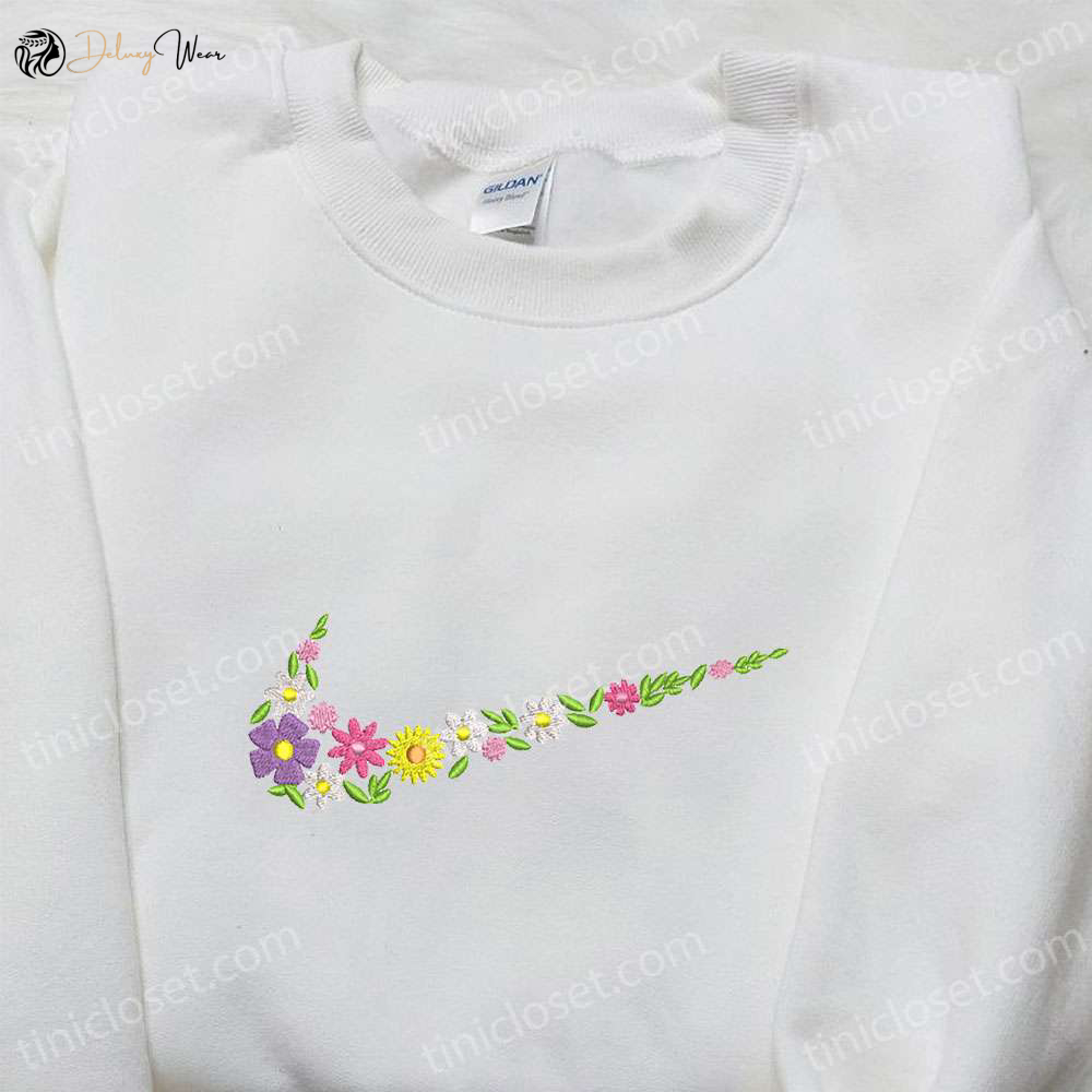 Nike inspired Flowers x Swoosh Embroidered Shirt: Perfect Family Gift!