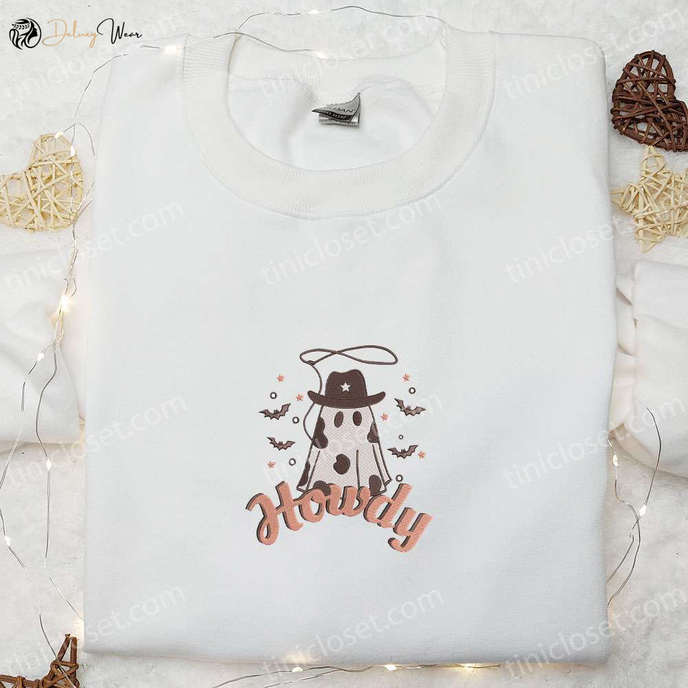 Halloween Howdy Cowboy Ghost Embroidered Shirt & Sweatshirt: Perfect Gifts for Halloween Lovers