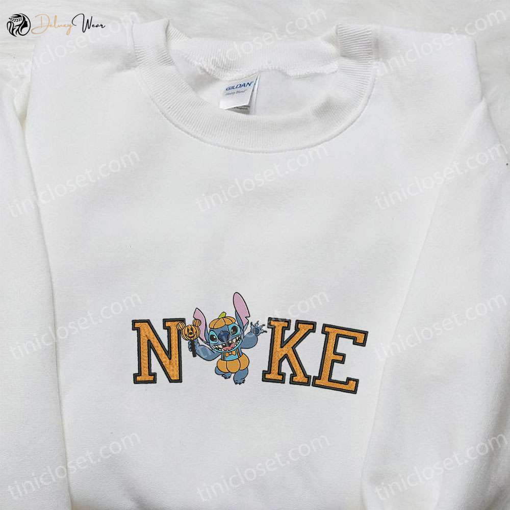Spooky Happy Stitch Halloween Pumpkin x Nike Embroidered Shirt Funny Disney Characters T-shirt Nike Inspired Sweatshirt