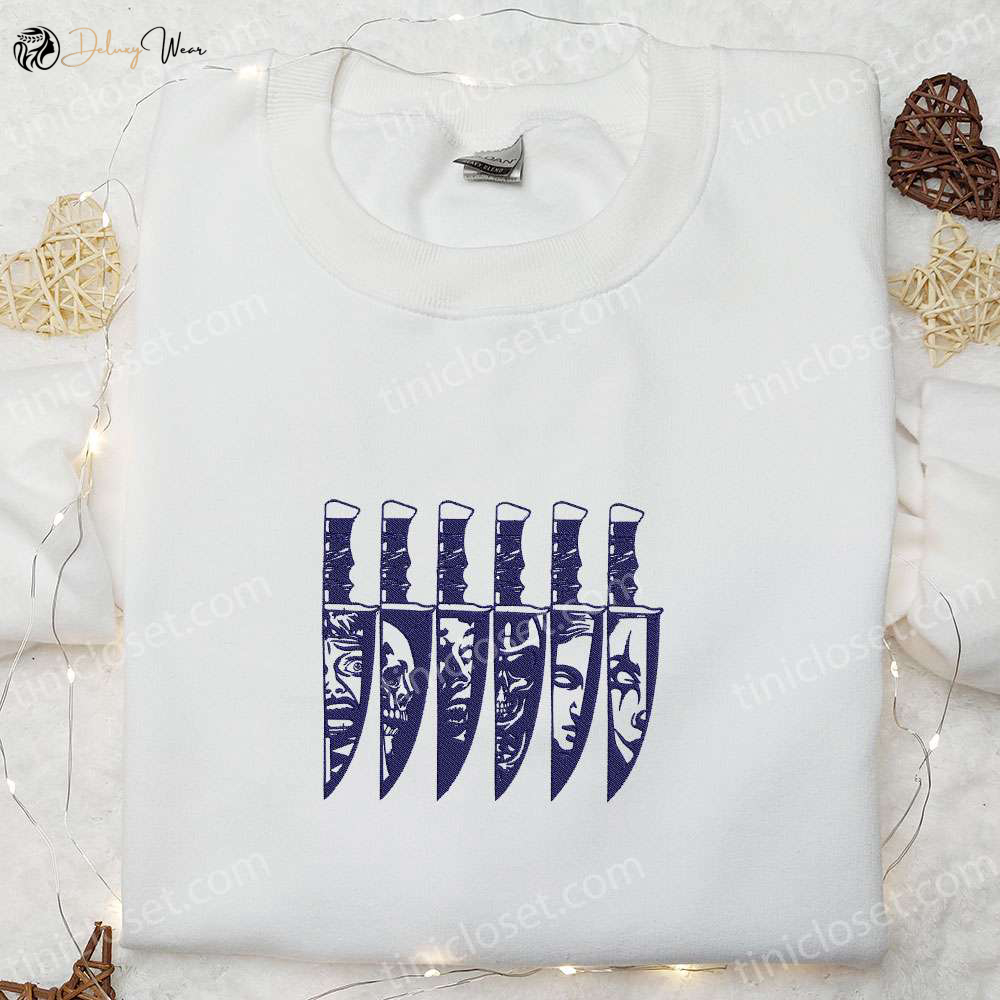 Spooky Horror Characters Halloween Knife Embroidered Shirt – Best Scary Halloween Gift for Family