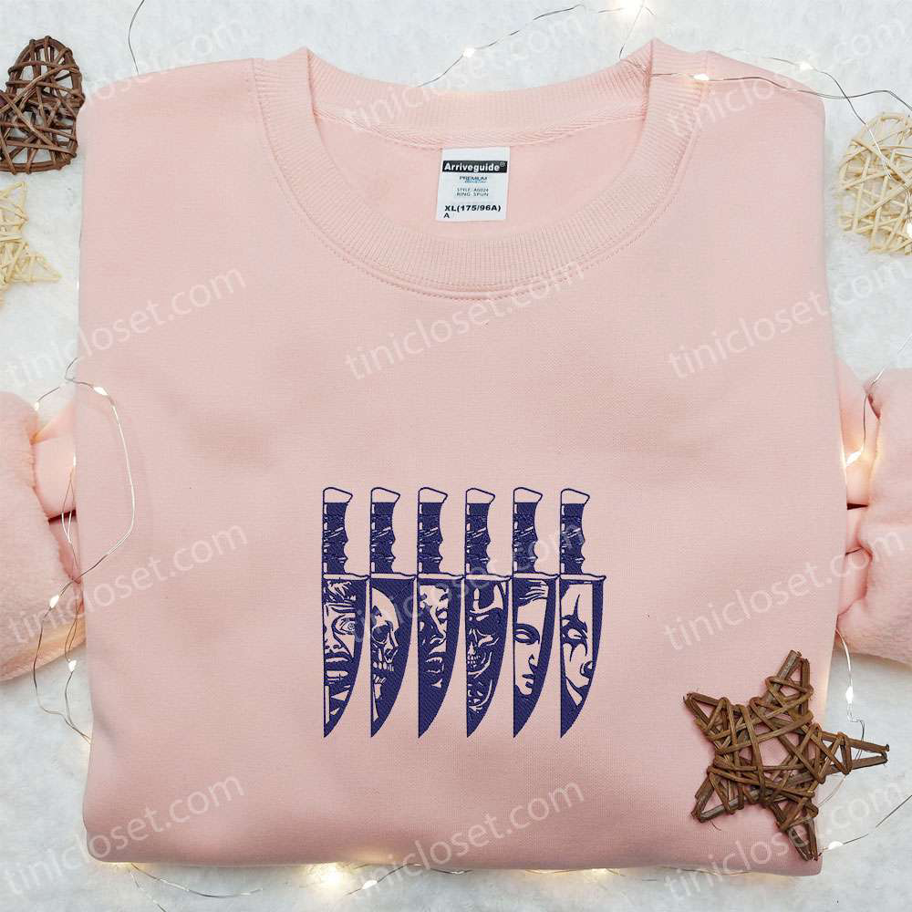 Spooky Horror Characters Halloween Knife Embroidered Shirt – Best Scary Halloween Gift for Family
