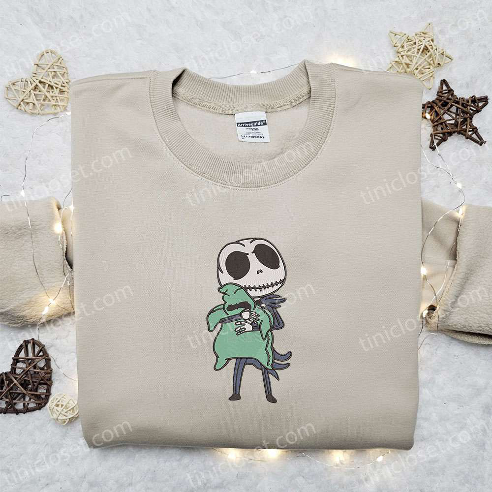 Cute Jack Skellington Hugging Oogie Boogie Sweatshirt: Best Halloween Gift Idea Embroidered Hoodie