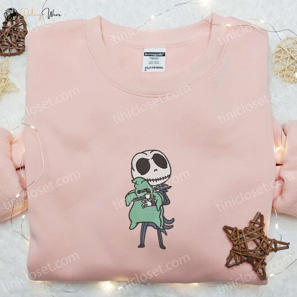Cute Jack Skellington Hugging Oogie Boogie Sweatshirt: Best Halloween Gift Idea Embroidered Hoodie