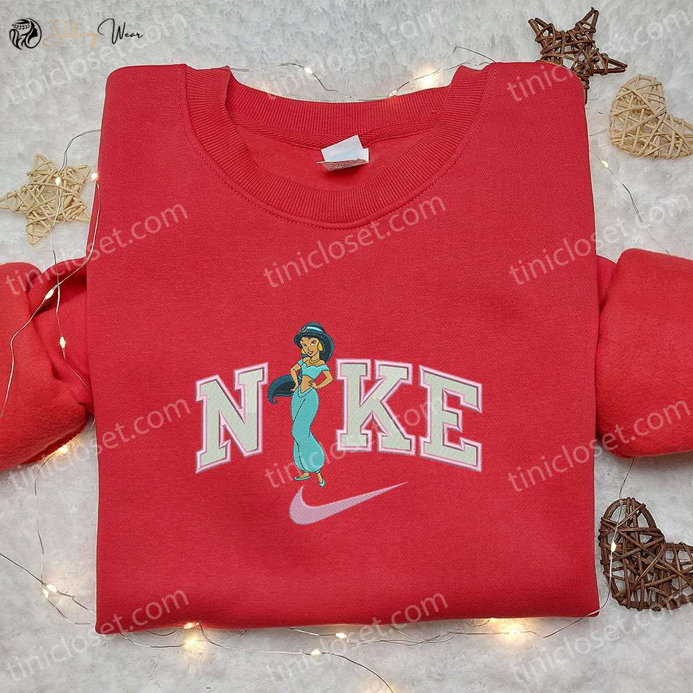 Jasmine x Nike Cartoon Embroidered Hoodie & Disney Characters Shirt: Trendy Nike Inspired Embroidered Apparel