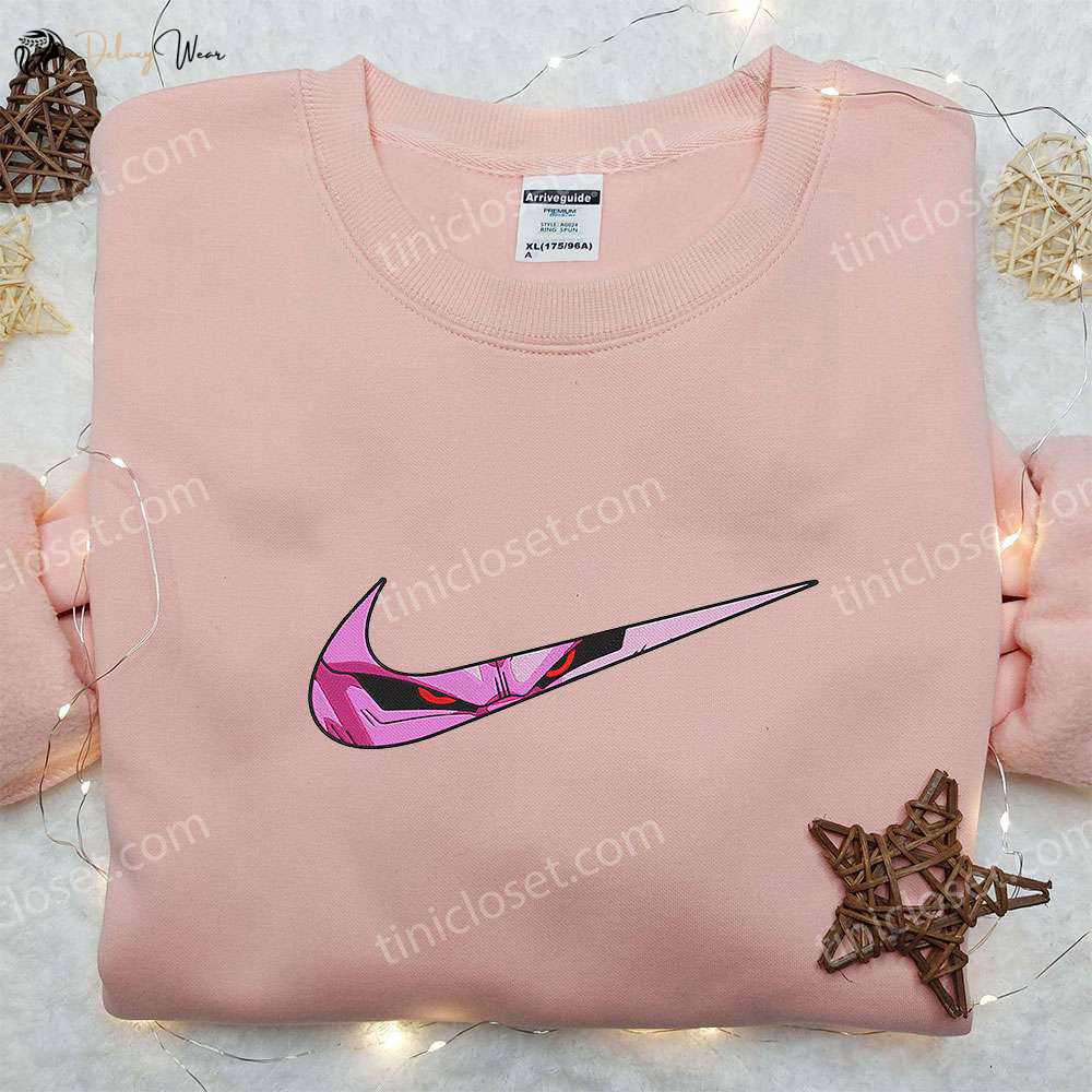 Dragon Ball Nike Inspired Embroidered Hoodie & Shirt: Majin Buu x Swoosh Anime Design