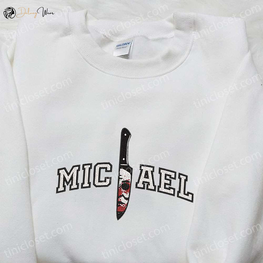 Spooky Embroidered Shirt: Michael Myers & Horror Movie Characters in Knife Design