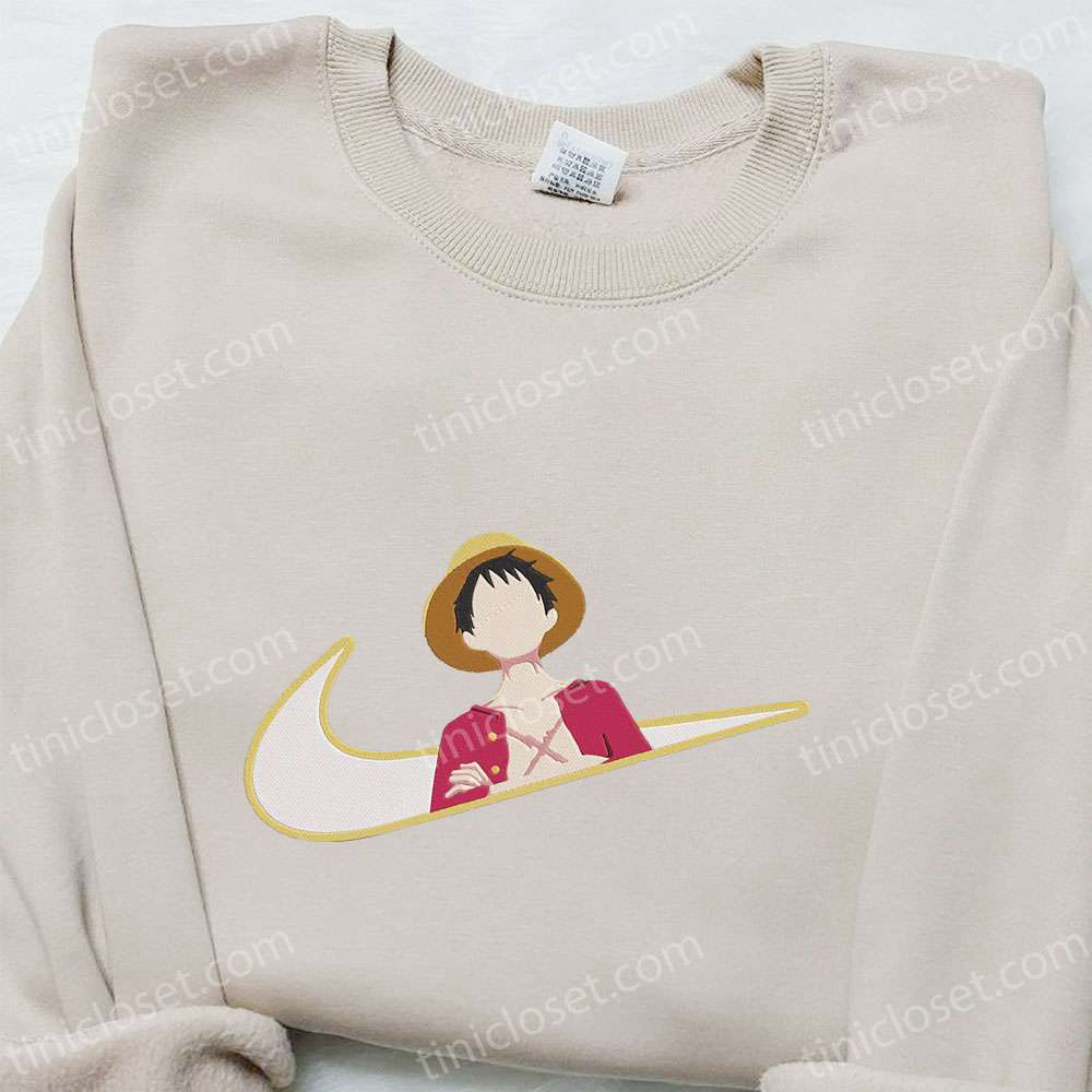 Monkey D Luffy Anime x Swoosh Sweatshirt: Nike Inspired Embroidered Shirt Cool Anime Clothing