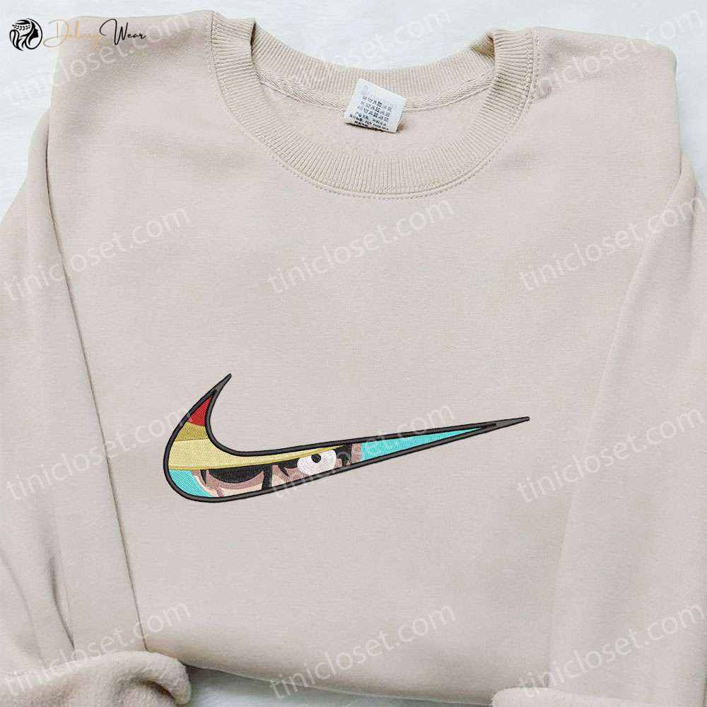 Monkey D Luffy Anime x Swoosh Sweatshirt: One Piece Embroidered Shirt for Cool Anime Clothing Lovers