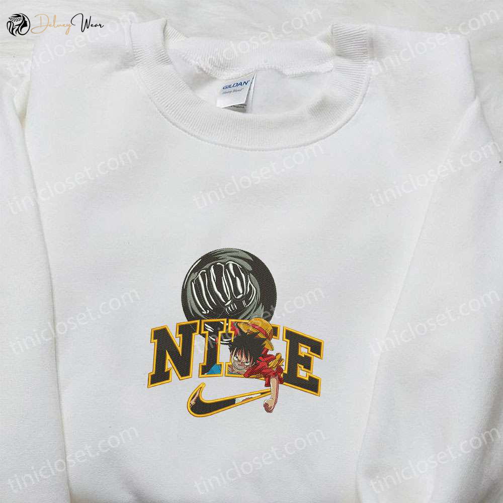 Monkey D Luffy Gear 3 x Nike Swoosh Anime Hoodie – One Piece & Nike Inspired Embroidered Shirt
