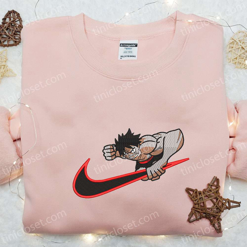Monkey D Luffy x Nike Swoosh Anime Sweatshirt: One Piece Embroidered Shirt Nike Inspired – Shop Now!
