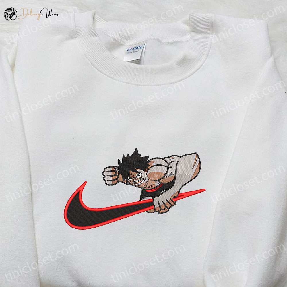 Monkey D Luffy x Nike Swoosh Anime Sweatshirt: One Piece Embroidered Shirt Nike Inspired – Shop Now!