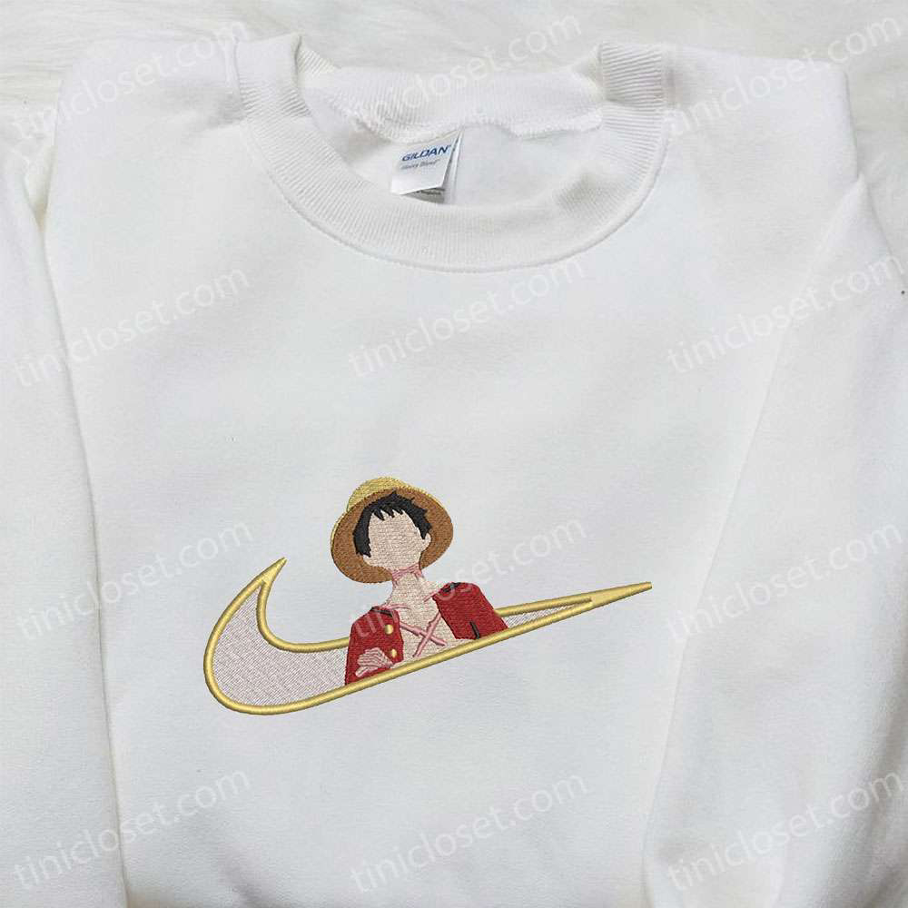 Monkey D Luffy x Nike Swoosh Anime Embroidered Tshirt: One Piece & Nike Inspired Shirt