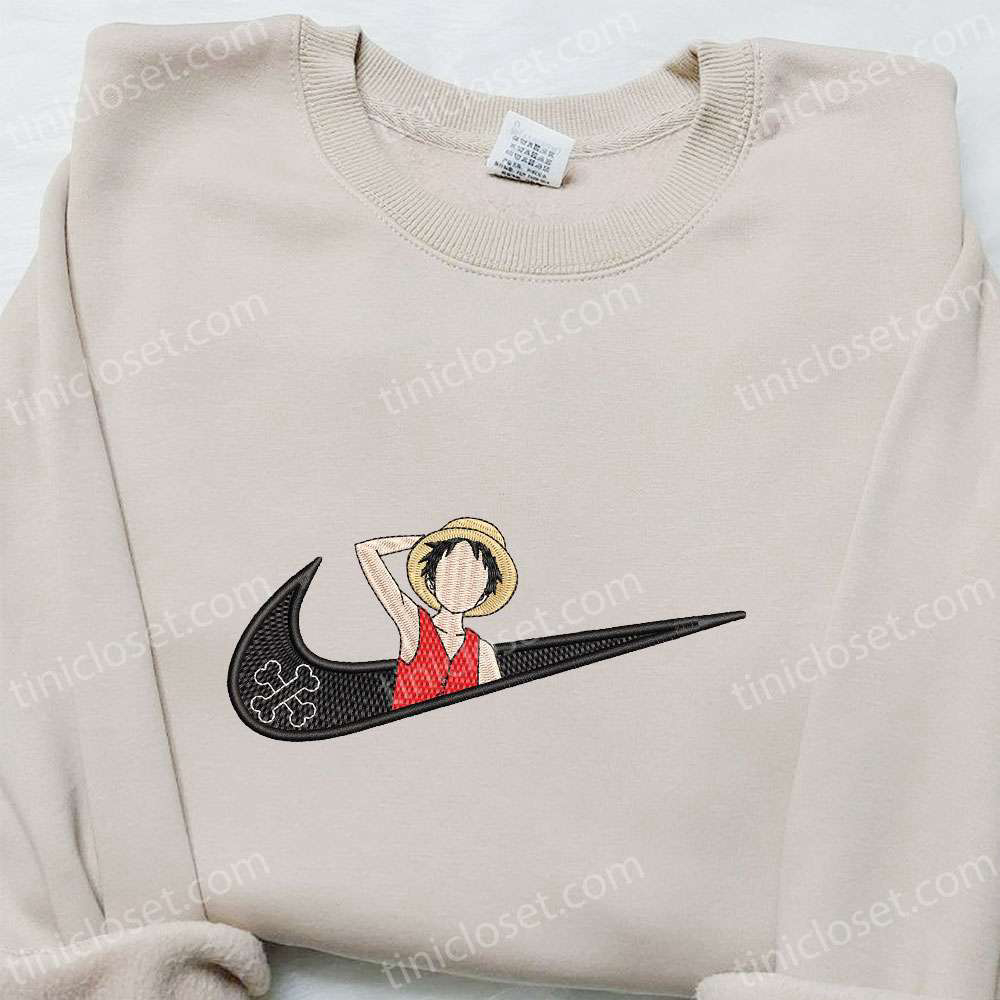 Monkey D Luffy x Nike Swoosh Anime Tshirt: One Piece Embroidered Shirt Nike Inspired