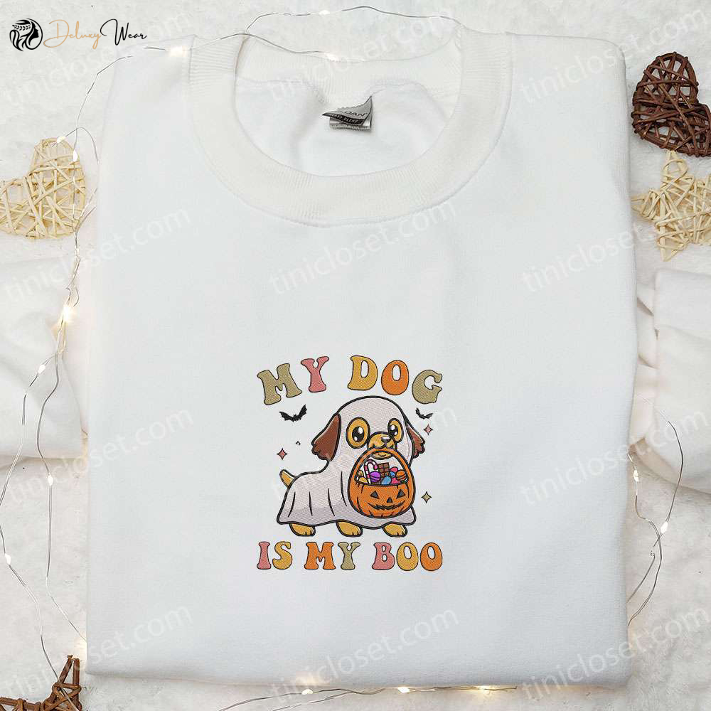 Spooky Cute: My Dog is My Boo Kawaii Ghost Puppy Embroidered Shirt – Best Halloween Gifts for Family