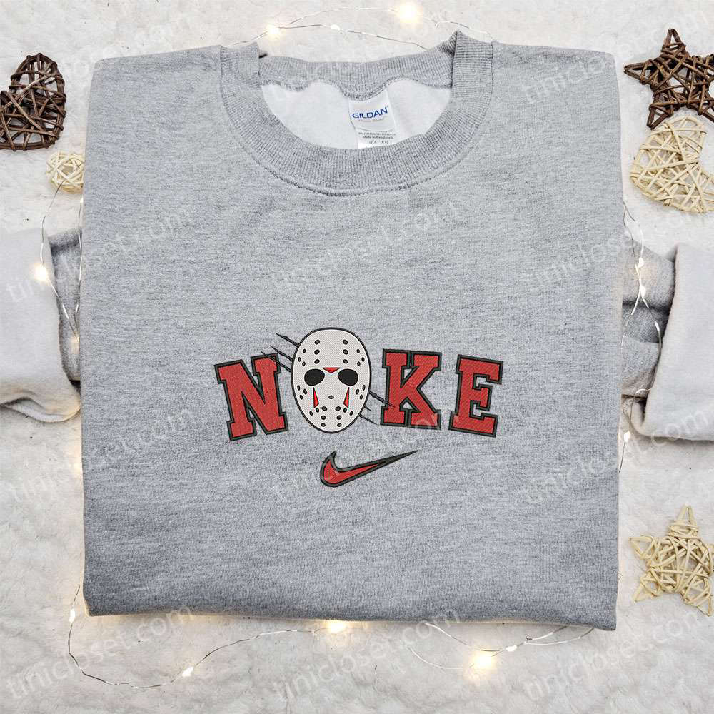 Nike x Jason Voorhees Embroidered Hoodie: Horror Movie Sweatshirt & Nike-Inspired T-Shirt